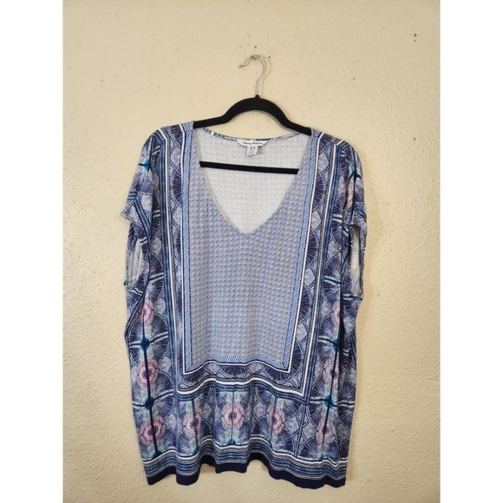 Tommy Bahama Blue Print V-Neck Short Sleeve‎ Top Blouse Bohemian M